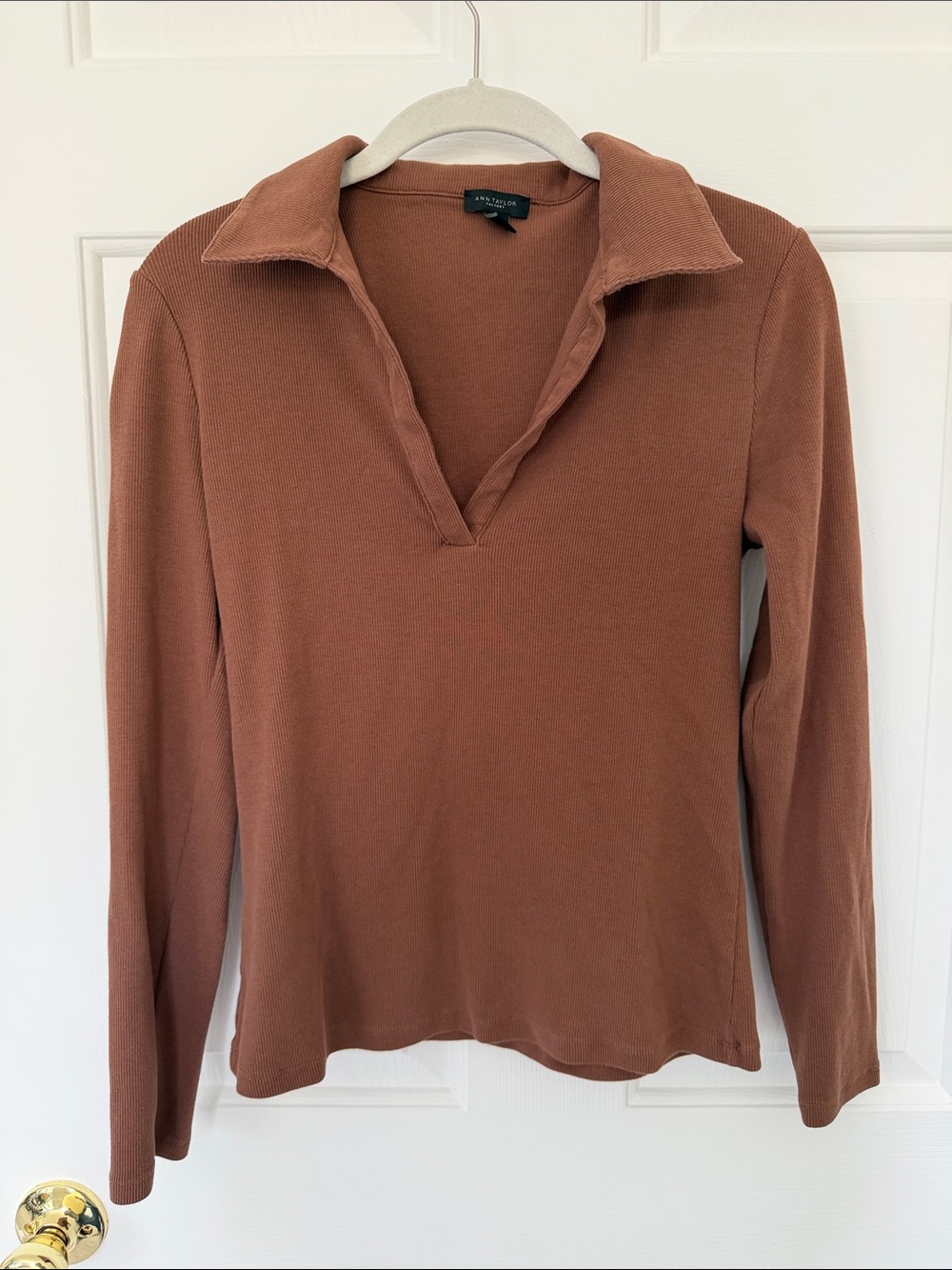 Ann Taylor Factory Long-Sleeve Collared Polo Top in Rust Brown